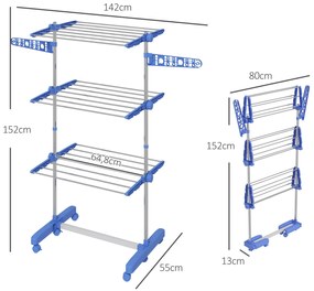 HOMCOM Estendal para Roupa Dobrável 80x55x152cm com 6 Rodas e 3 Pratel