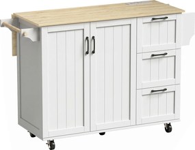 Ilha de Cozinha 134,5x75,2x90,5 cm com Tampo Extensível Estação de Carregamento Rodas 2 Portas 3 Gavetas Suporte para Especiarias e Barra para Toalhas