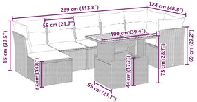 8 pcs conjunto de sofás p/ jardim com almofadões vime PE bege