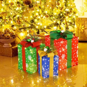 Decoração de 3 caixas de presente de Natal iluminadas com 52 luzes LED pré-iluminadas Multicolorido