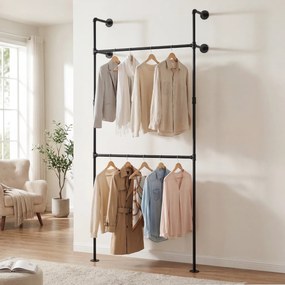 Cabideiro de Parede para Roupa, 106 x 32 x 227 cm, 2 Barras para Pendurar, Preto