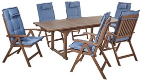 Conjunto de refeição de jardim 6 lugares em madeira de acácia e almofadas azuis AMANTEA Beliani