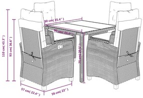 5 pcs conjunto de jantar p/ jardim c/ almofadões vime PE cinza