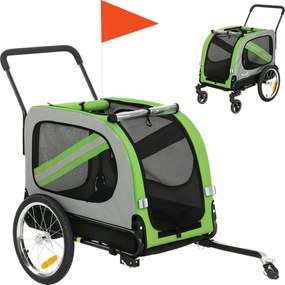 PawHut Reboque de Bicicleta para Cães 2 em 1 com Carrinho de Transporte Refletores e Bandeira de Segurança Verde | Aosom Portugal