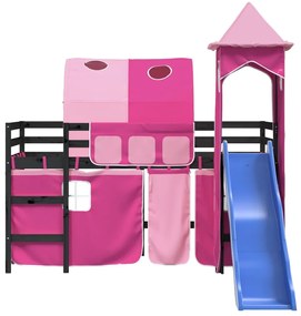 Cama alta para criança com torre 90x190 cm pinho maciço rosa