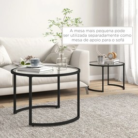 Conjunto de 2 Mesas de Apoio Redondas Bancada de Vidro Temperado e Estrutura de Aço Grande 70 cm Pequena 54 cm Preto e Transparente
