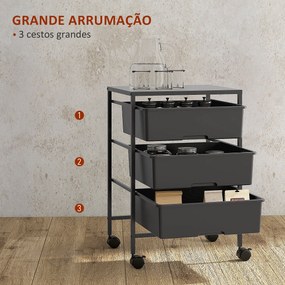 Carrinho Auxiliar com Rodas Carrinho de Cozinha de 3 Níveis com 3 Cestos e Estrutura de Aço 40,8x33,5x60,5 cm Preto