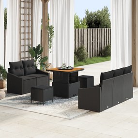 Conjunto de Sofá de Jardim vidaXL 8 peças com Almofadas Preto Rattan Polipropileno Acácia