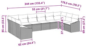 Conjunto de Jantar de Jardim 10 Peças com Almofadas Castanho em Rattan
