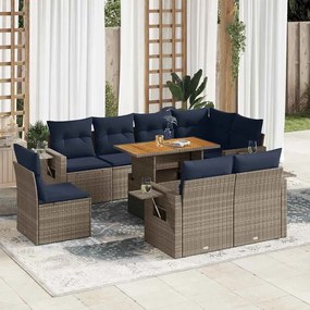 9 pcs conjunto sofás p/ jardim com almofadões vime PE cinzento