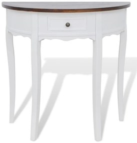 Mesa consola meia-lua com gaveta e tampo castanho