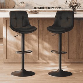 Conjunto de 2 bancos de bar em veludo, ajustáveis em altura, giratórios, Pretos