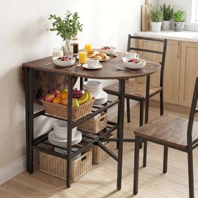 Mesa de jantar extensível e dobrável com 2 extensões rebatíveis 110 x 70 x 76 cm, 2 prateleiras de arrumação e Estrutura metálica para espaços pequeno