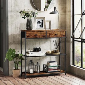 Mesa consola estreita com duas gavetas em tecido 24 x 76 x 80 cm Castanho vinatge + Preto