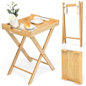 Mesa dupla de bambu com bandeja removível e prateleiras de aço integradas Mesa portátil para almoços 47 x 38 x 58,5 cm Natural