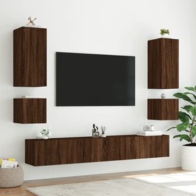 6 pcs móveis de parede para TV com luzes LED carvalho castanho