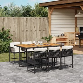 vidaXL 7 pcs conjunto de jantar p/ jardim c/ almofadões vime PE preto