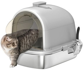 PawHut Caixa de Areia para Gatos em Aço Inoxidável com Tampa Caixa de Areia com Bolsa Desodorizante e Pá Fácil de Limpar 52,4x41,3x39,9 cm Cinzento