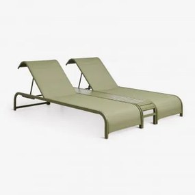 Conjunto De 2 Espreguiçadeiras Reclináveis E Mesa Auxiliar Em Aço Marietta Verde Azeitona Intenso - Sklum