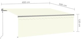 Toldo automático c/ estore/LED/sensor de vento 4x3 m cor creme