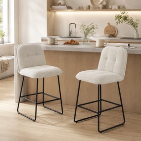 Conjunto de 2 bancos de bar, cadeiras de bar estofadas em tecido bouclé, assento extragrande com 66 cm de altura, cor creme