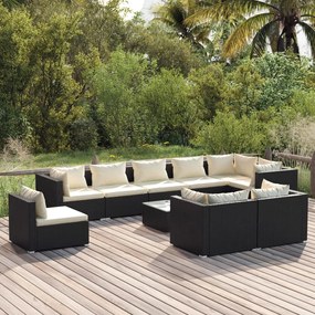 10 pcs conjunto lounge de jardim c/ almofadões vime PE preto