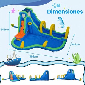 Parque aquático castelo insuflável com escorrega 465 x 345 x 242 cm, parede de escalada, aro de basquetebol, piscina, jatos de água e ventilador de 95