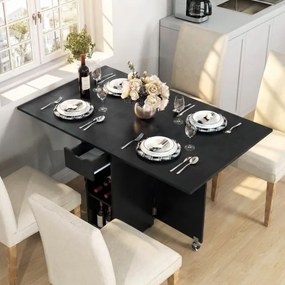 Mesa de jantar extensível 120 x 72 x 75 cm com 2 rodas; mesa de cozinha dobrável com prateleira, gaveta de 2 compartimentos e abas rebatíveis Preta
