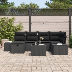 Conjunto de Sofá de Jardim de 7 Peças com Almofadas Preto Vime PE