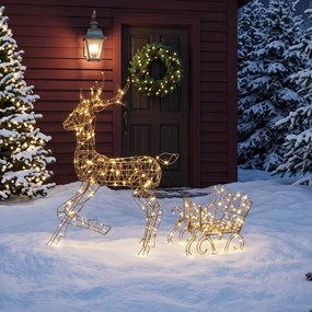 Rena e Trenó Luminosos em Rattan PP com 175 LED Branco Quente, 8 Modos e Temporizador, 120 cm, para Jardim Exterior