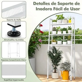 Estante de casa de banho sobre a sanita de 3 níveis com calha inferior ajustável Suporte para papel 2 ganchos laterais Branco