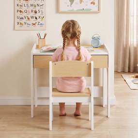 Conjunto de Mesa e Cadeira Infantil, 60 x 48 x 56 cm, Com Gaveta e Compartimentos de Arrumação, Natural e Branco