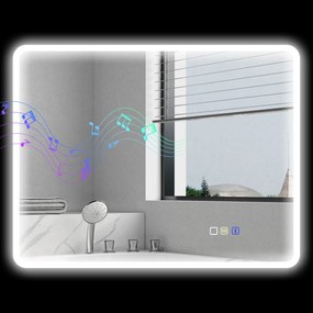 Espelho de casa de banho LED com Bluetooth, 70 x 90 cm, interruptor tátil, iluminação regulável, 3 cores, antiembaciamento, memória, prateado