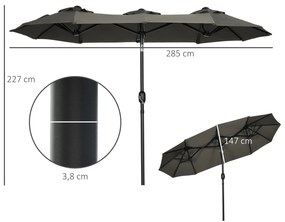 Chapéu de Sol Duplo 285x147x227cm Chapéu de Sol de Jardim com Inclinação de 45° Manivela Estrutura de Aço para Pátio Varanda Piscina Cinza