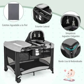 Centro de actividades para bebés 5 em 1 portátil com muda de fraldas Colchão amovível 2 rodas 110 x 78 x 84 cm Preto
