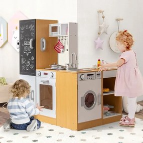 Cozinha de brincar para crianças em madeira 127 × 31 × 107 cm com sons e luzes realistas Dispensador Natural + Branco