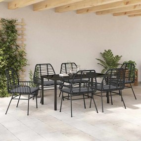 Conjunto de Jantar de Jardim com 7 Peças e Almofadas Preto em Poli Rat