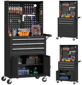 Carrinho de Ferramentas com 3 Gavetas e Painel de Perfurado Fechadura com Chave Prateleira Ajustável 2 Rodas com Travão de Bloqueio 69x33x133 cm Preto