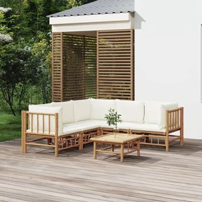 vidaXL 6 pcs conjunto lounge de jardim bambu c/ almofadões branco nata