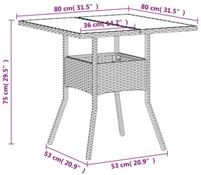 Mesa de jardim com tampo de vidro 80x80x75 cm vime PE branco