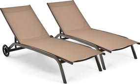 Conjunto de 2 espreguiçadeiras com rodas, tecido de secagem rápida e encosto reclinável em 6 posições, para exterior, piscina, pátio e jardim, castanh