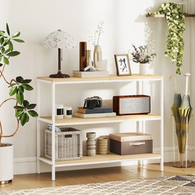 Mesa Consola Estreita Consola de Entrada Moderna com 3 Prateleiras Abertas e Pés de Metal 101x35x80 cm Madeira e Branco