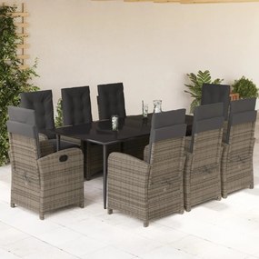 9 pcs conjunto de jantar p/ jardim c/ almofadões vime PE cinza