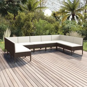 vidaXL 9 pcs conjunto lounge jardim c/ almofadões vime PE castanho