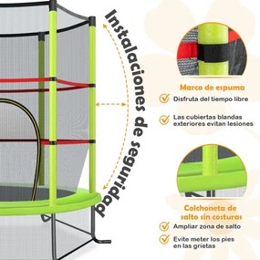 Trampolim para crianças 191 cm com rede de segurança e almofada para molas recreativas Estrutura em aço Verde
