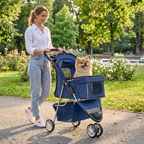 Carrinho Dobrável para Cães Pequenos até 10 kg com 3 Rodas, Capota, Cesta, Janelas em Rede e Porta-copos, Azul-Escuro