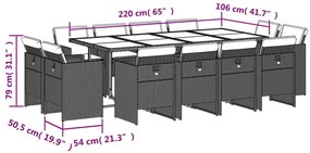 13 pcs conjunto jantar p/ jardim c/ almofadões vime PE castanho