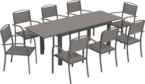 Conjunto de Mesa e Cadeiras de Jardim com Mesa Extensível Estrutura de Alumínio 8 Cadeiras e Tampo de Ripas de Madeira Plástica
