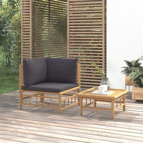 vidaXL 2pcs conj. lounge de jardim bambu c/ almofadões cinzento-escuro