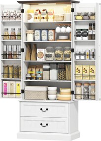 Armário alto de cozinha76 x 39,5 x 183 cm iluminação LED com sensor, 2 portas, gavetas e prateleiras ajustáveis, branco